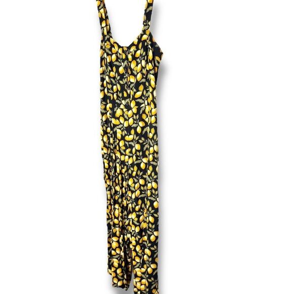 LOFT Black Yellow Lemon Print Jumpsuit Spaghetti Strap Button Up Wide Crop Leg S - Picture 4 of 10